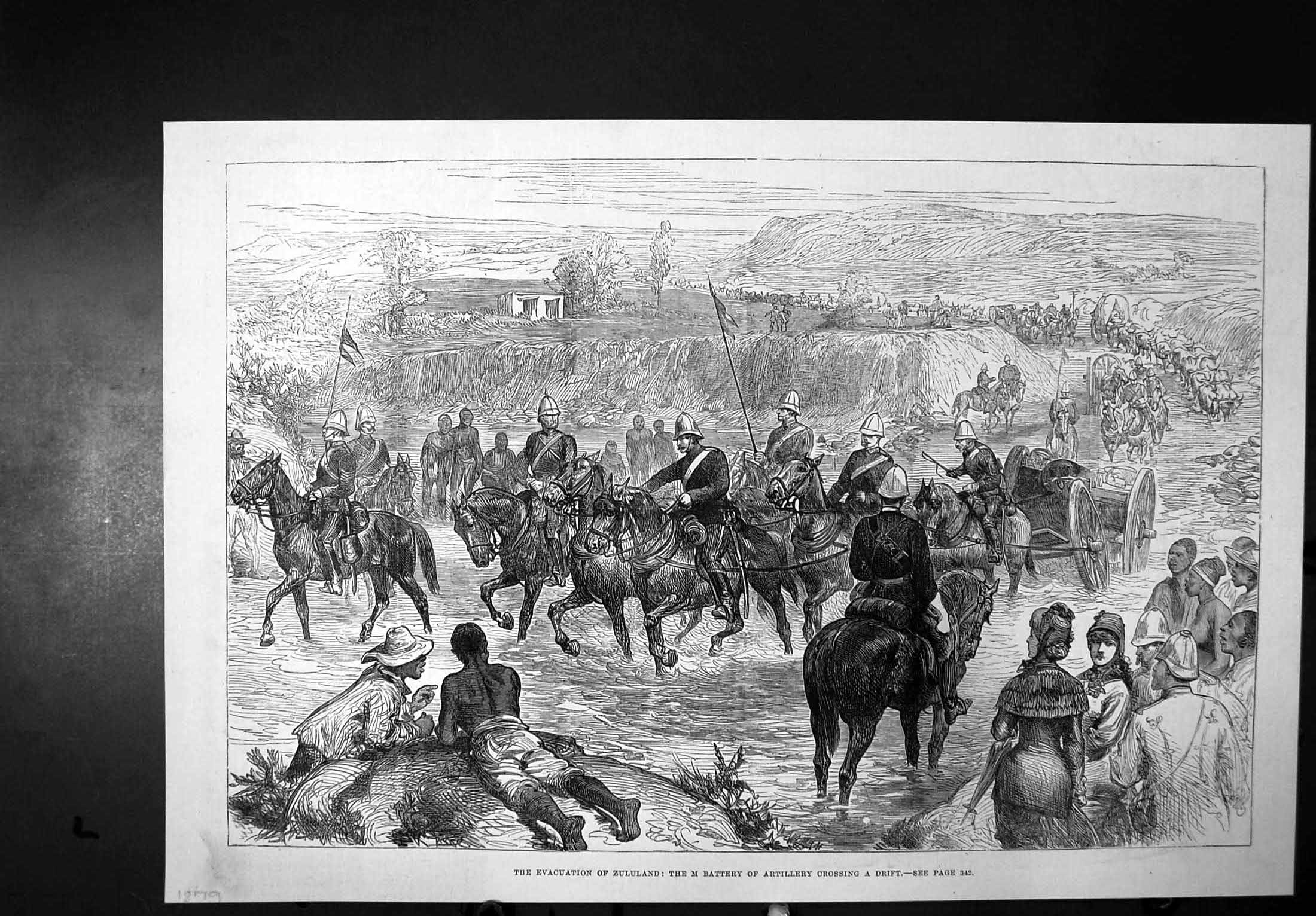Antique Old Print Evacuation Zululand M Battery Artillery Crossing Drift 1879