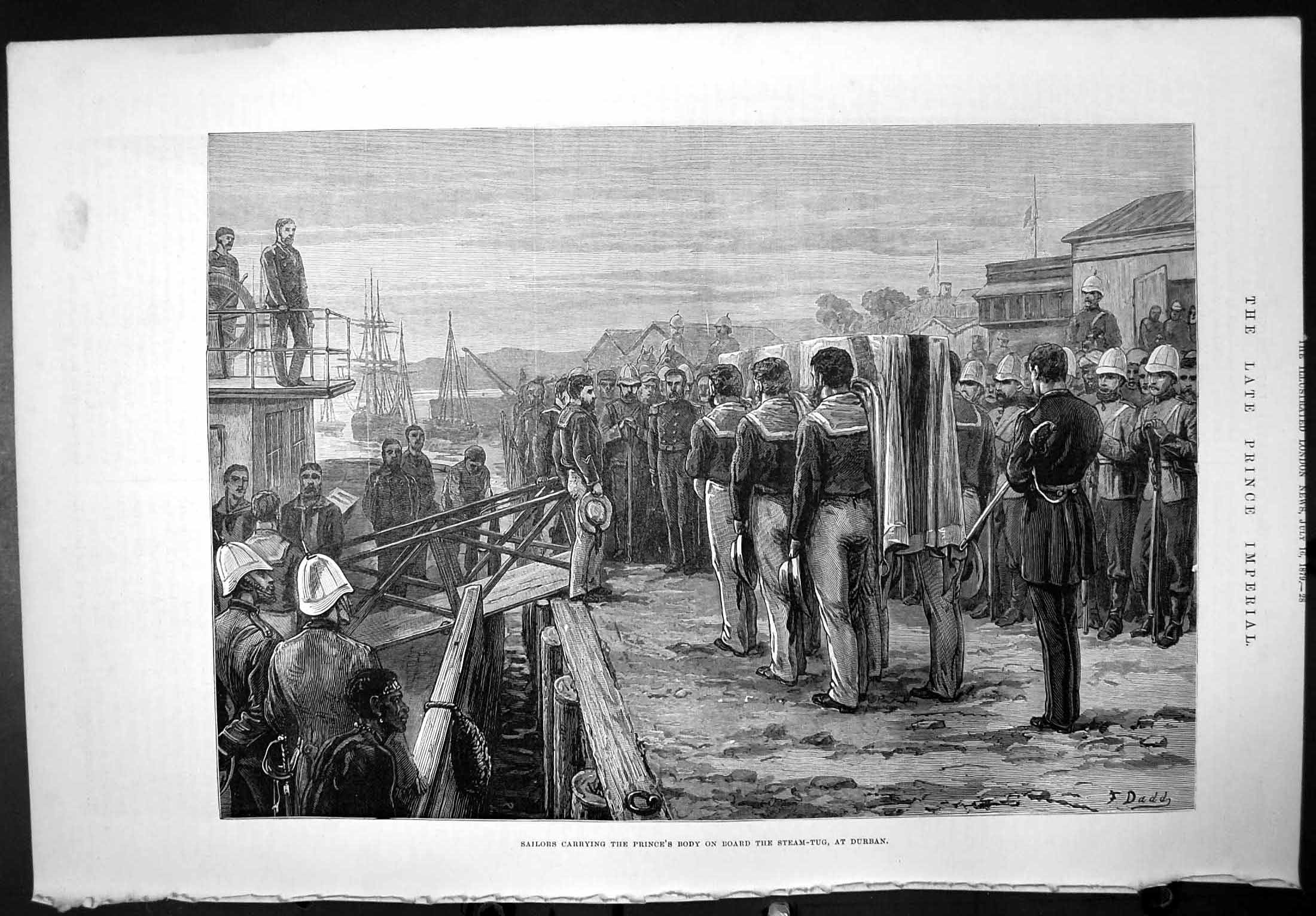 Antique Old Print Sailors Carrying Prince Imperial Body Steam Tug Durban 1879
