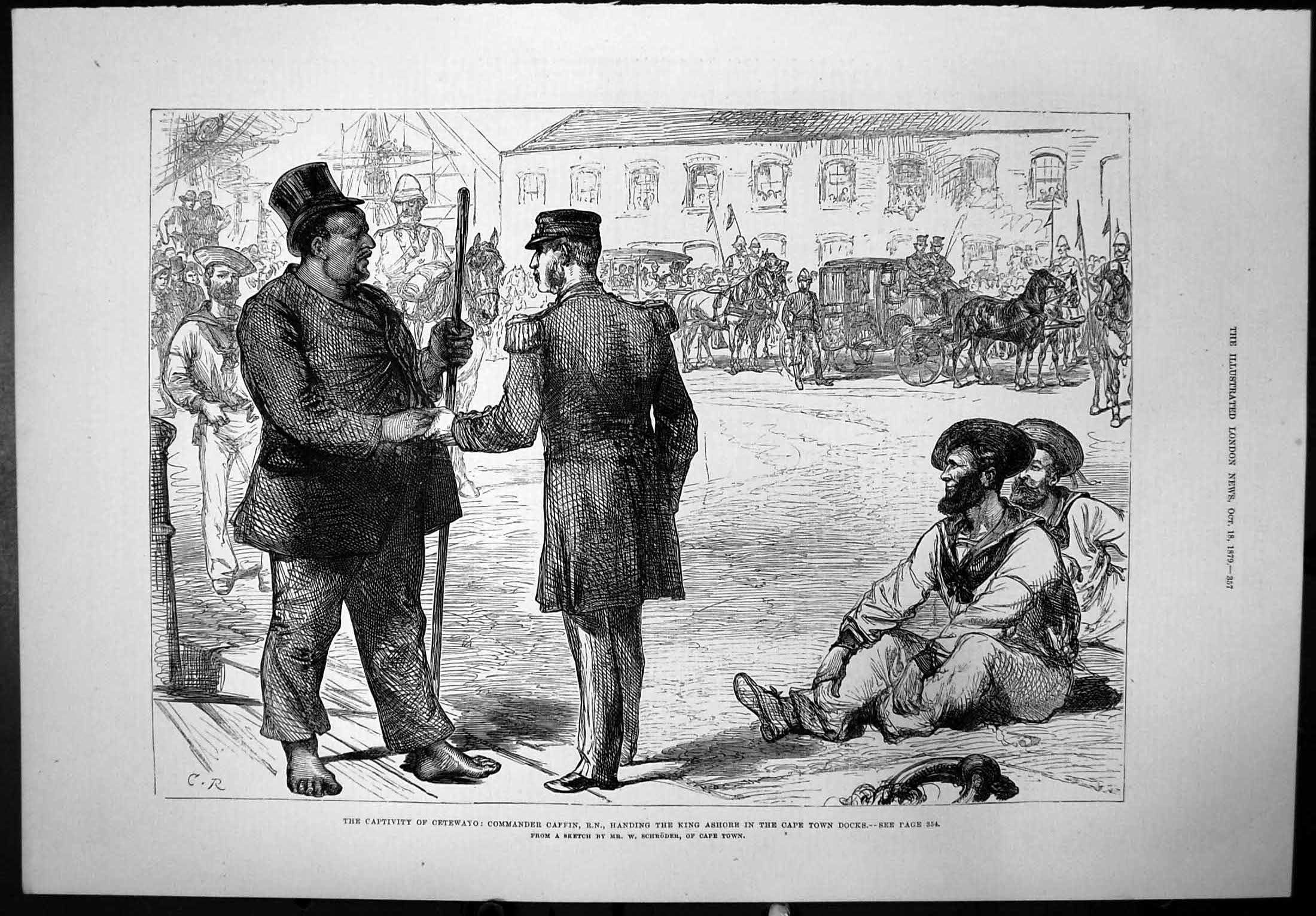 Antique Old Print Captivity Cetewayo Caffin Handing King Cape Town Docks 1879