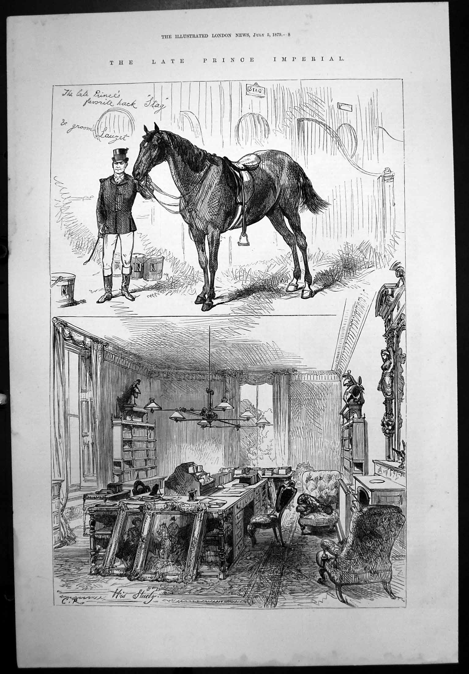Original Old Antique Print Late Prince Imperial Favourite Horse Stag Study 1879