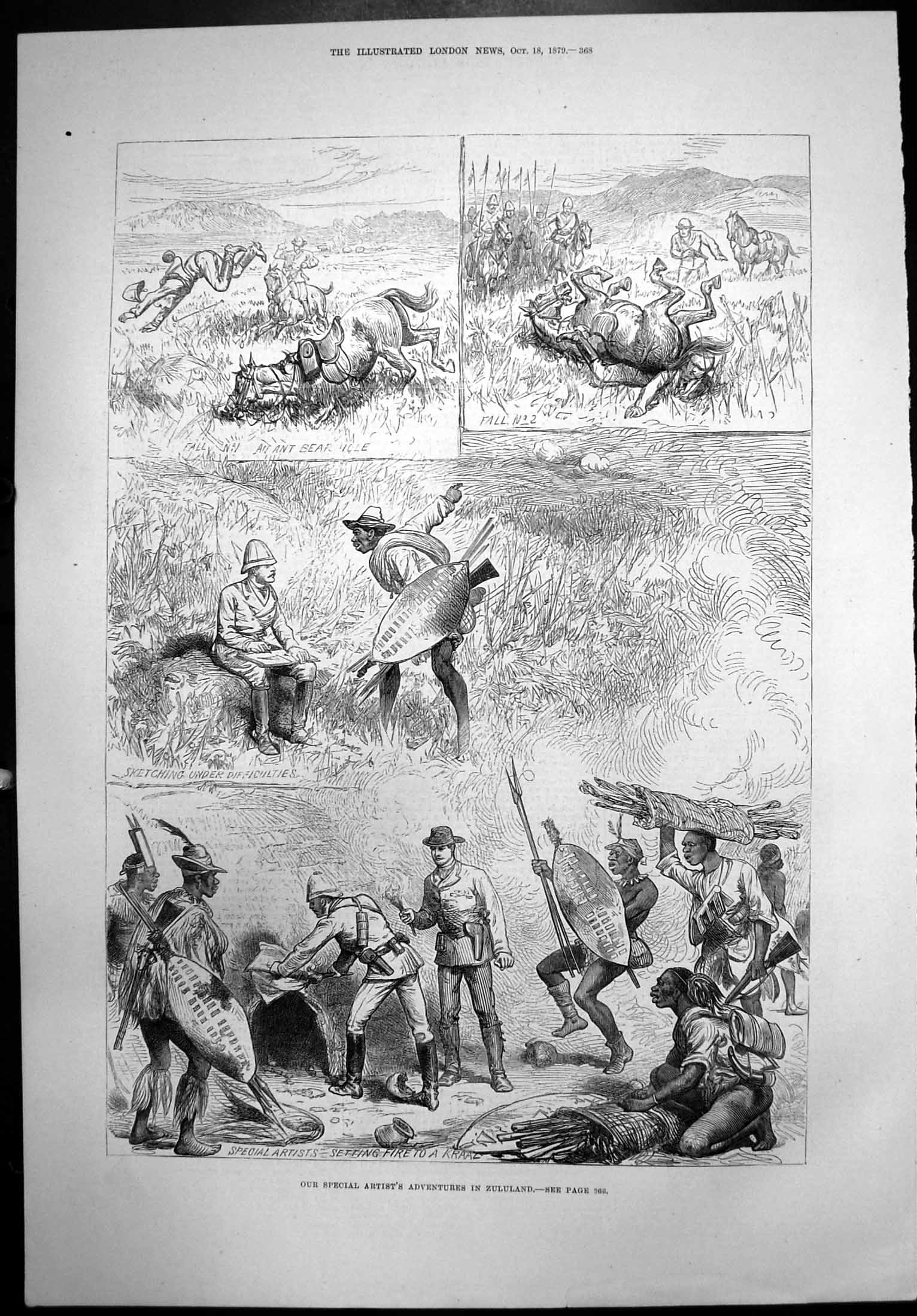 Old Antique Print Adventures Zululand Setting Fire Kraal Falls Horse 1879 19th