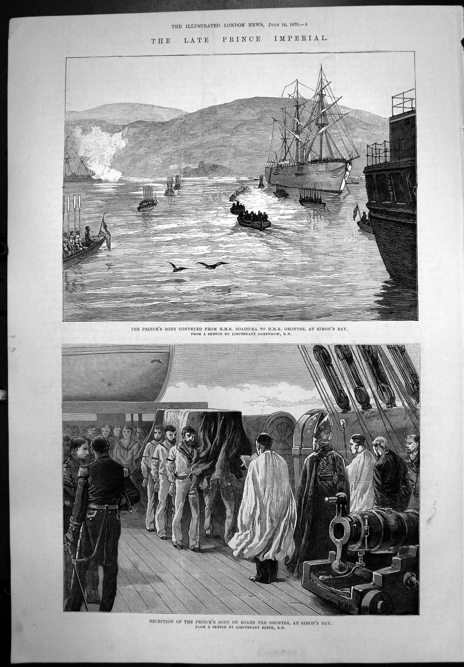 Antique Print Princes Body Conveyed Hms Boadicea Hms Orontes Simons Bay1879