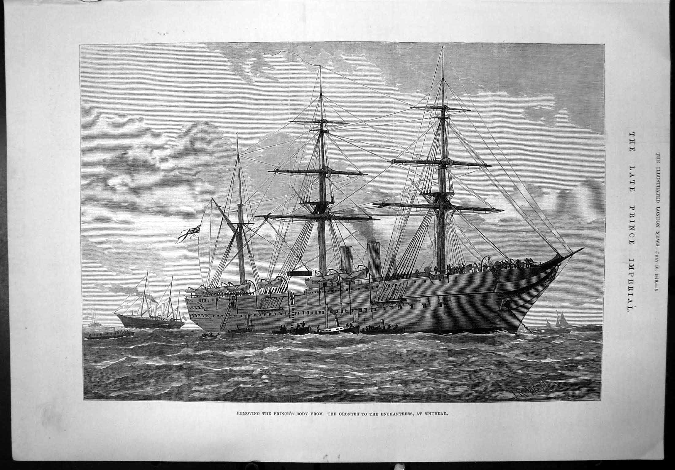 Antique Old Print Removing Princebody From Orontesto Enchantress Spithead1879