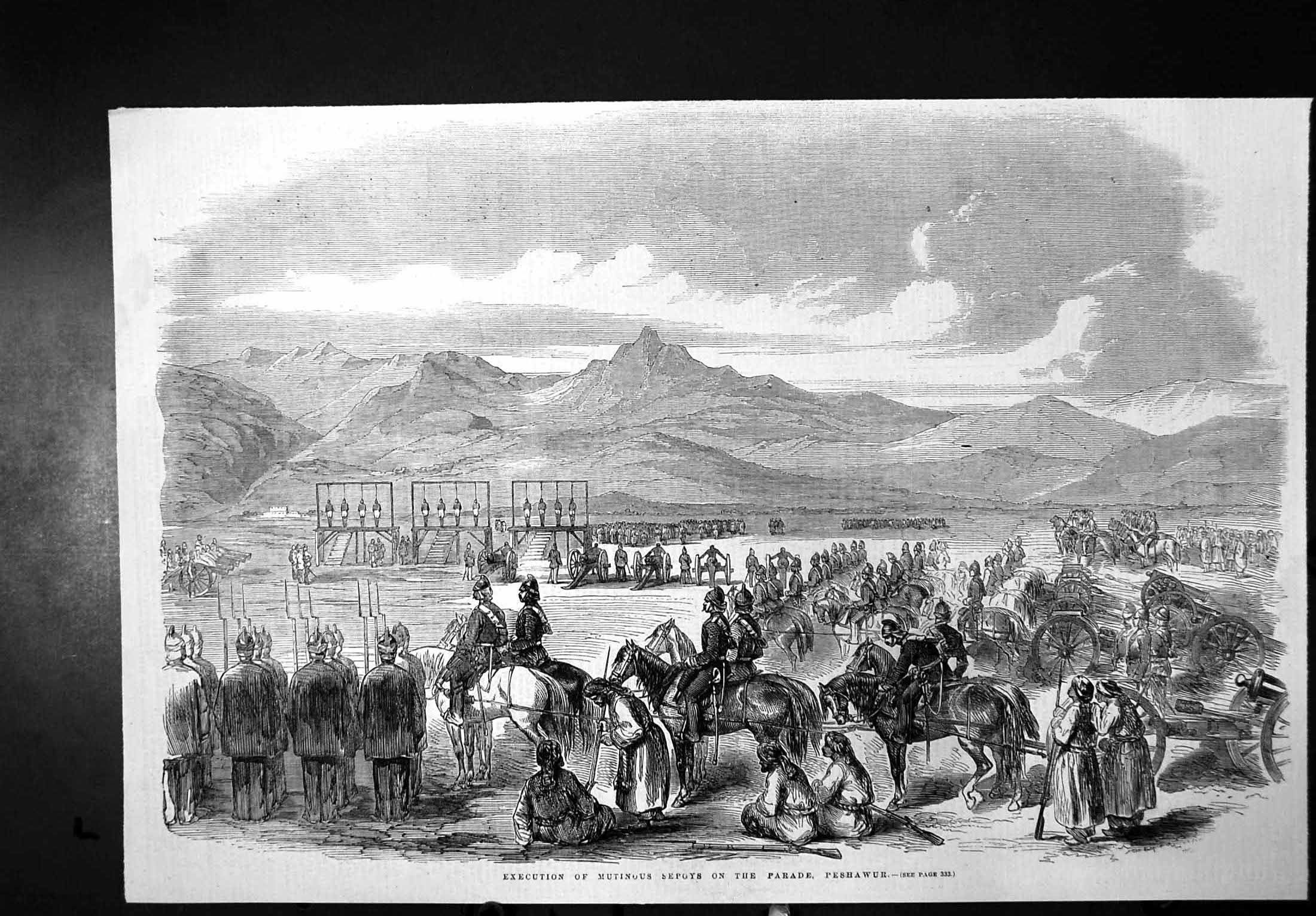 Original Old Antique Print Execution Mutinous Sepoys Parade Peshawur 1857 19th