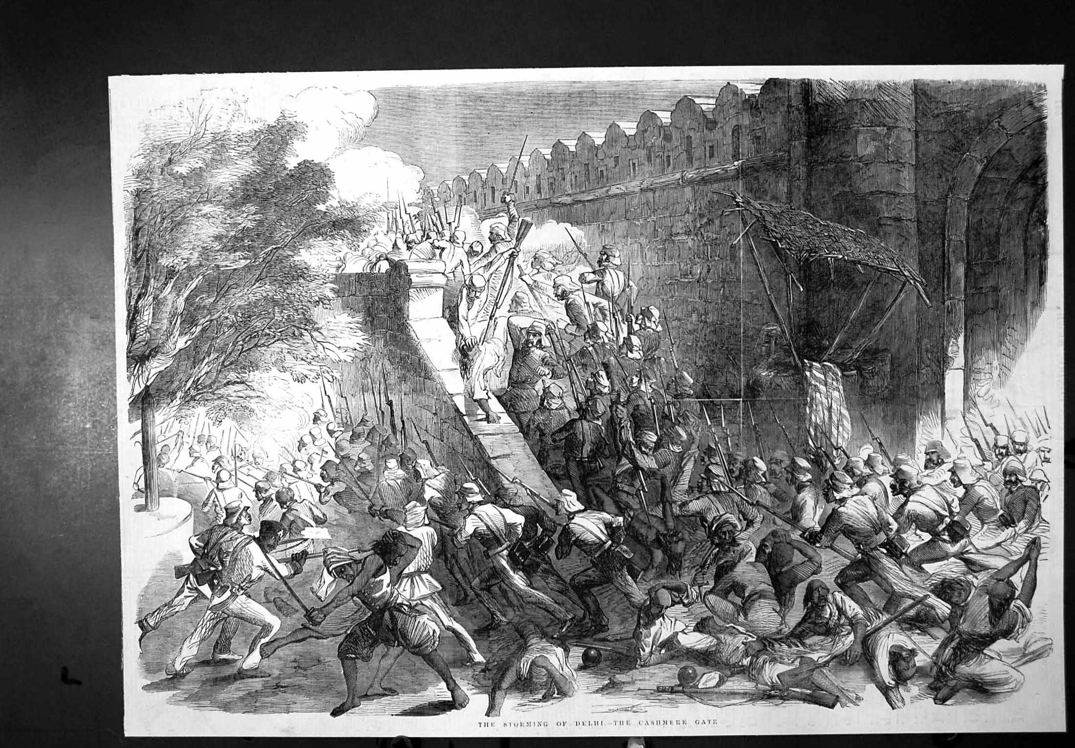 Original Old Antique Print Indian War Storming Delhi Cashmere Gate 1857 19th