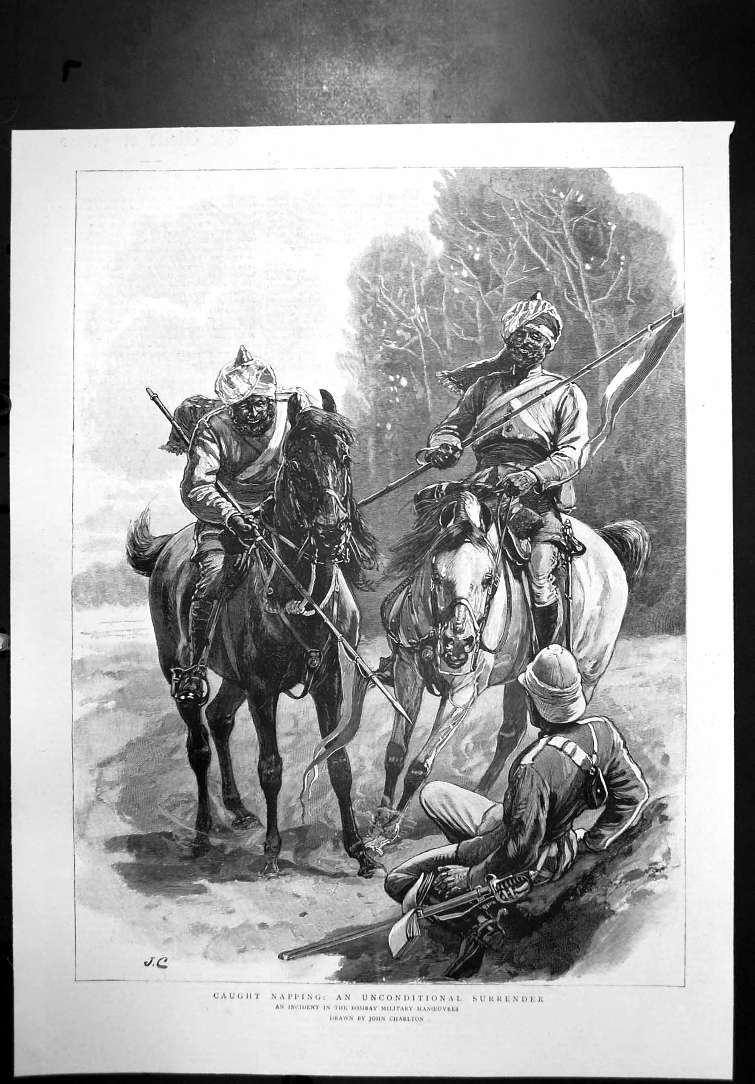 Antique Old Print Bombay Military Manoeuvres Caught Napping Surrender 1892 19th