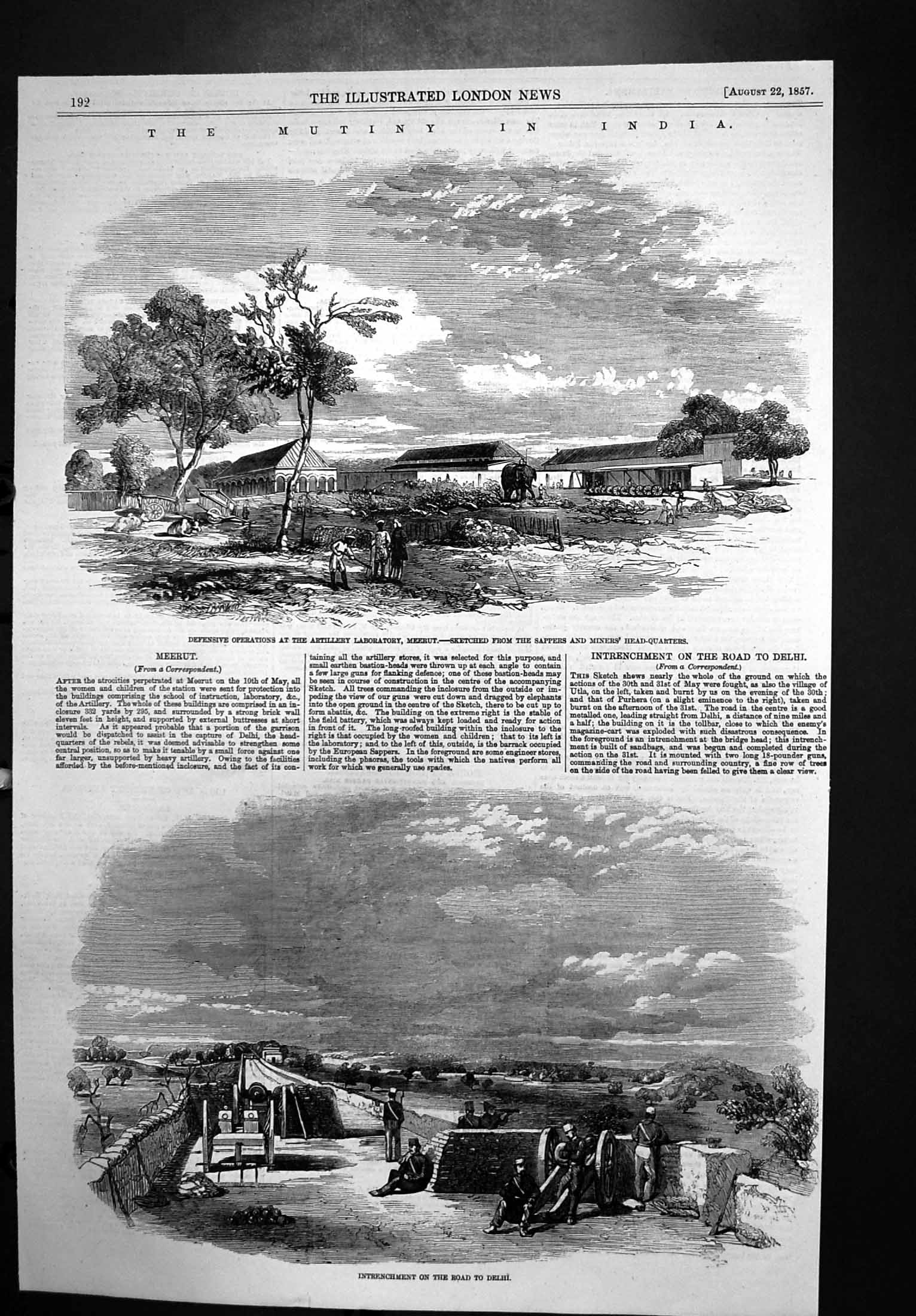 Old Print Mutiny India Intrenchment Delhi Dfensive Operations Meerut1857 19th