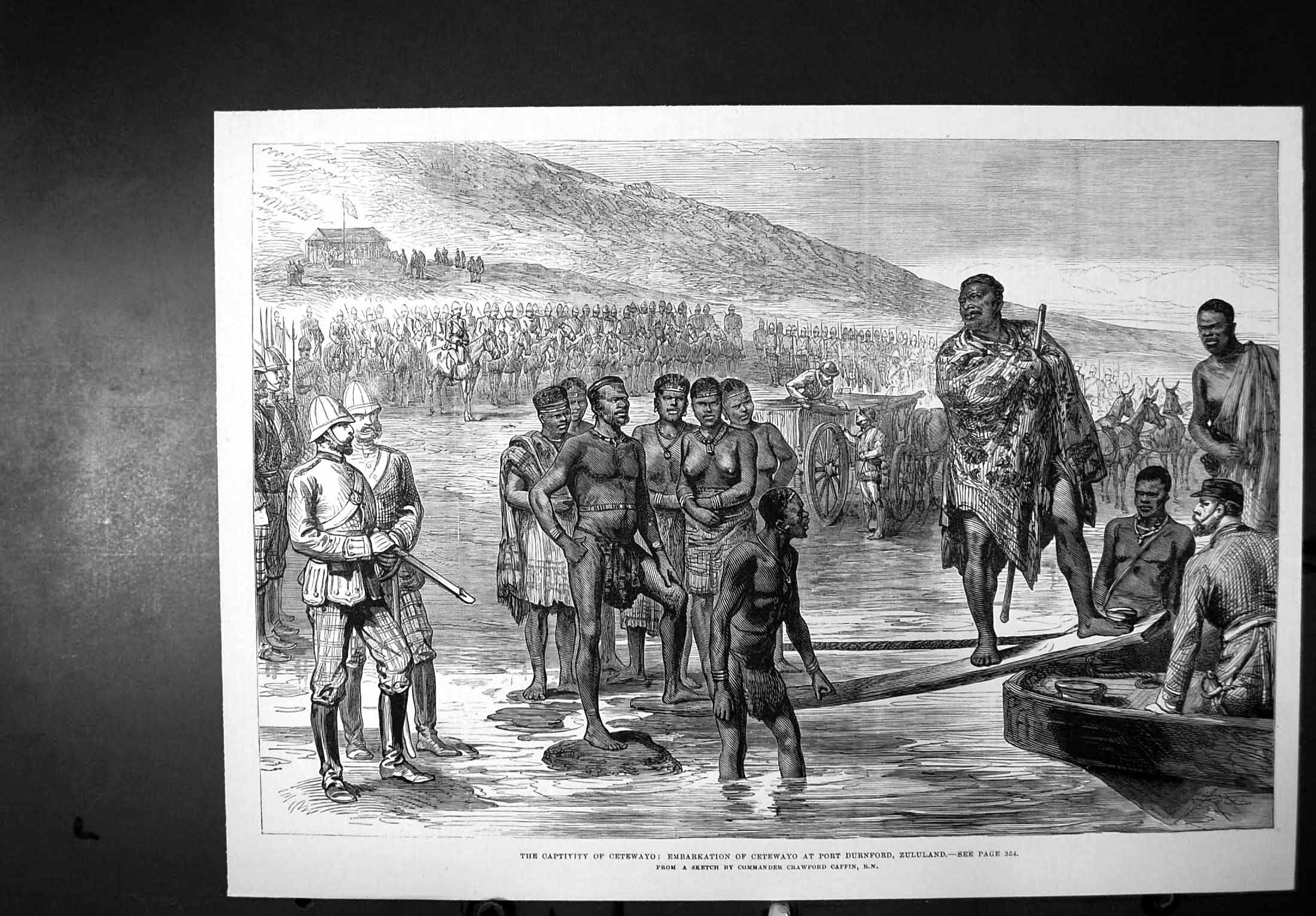 Antique Old Print Captivity Cetewayo Embarkation Port Durnford Zululand 1879