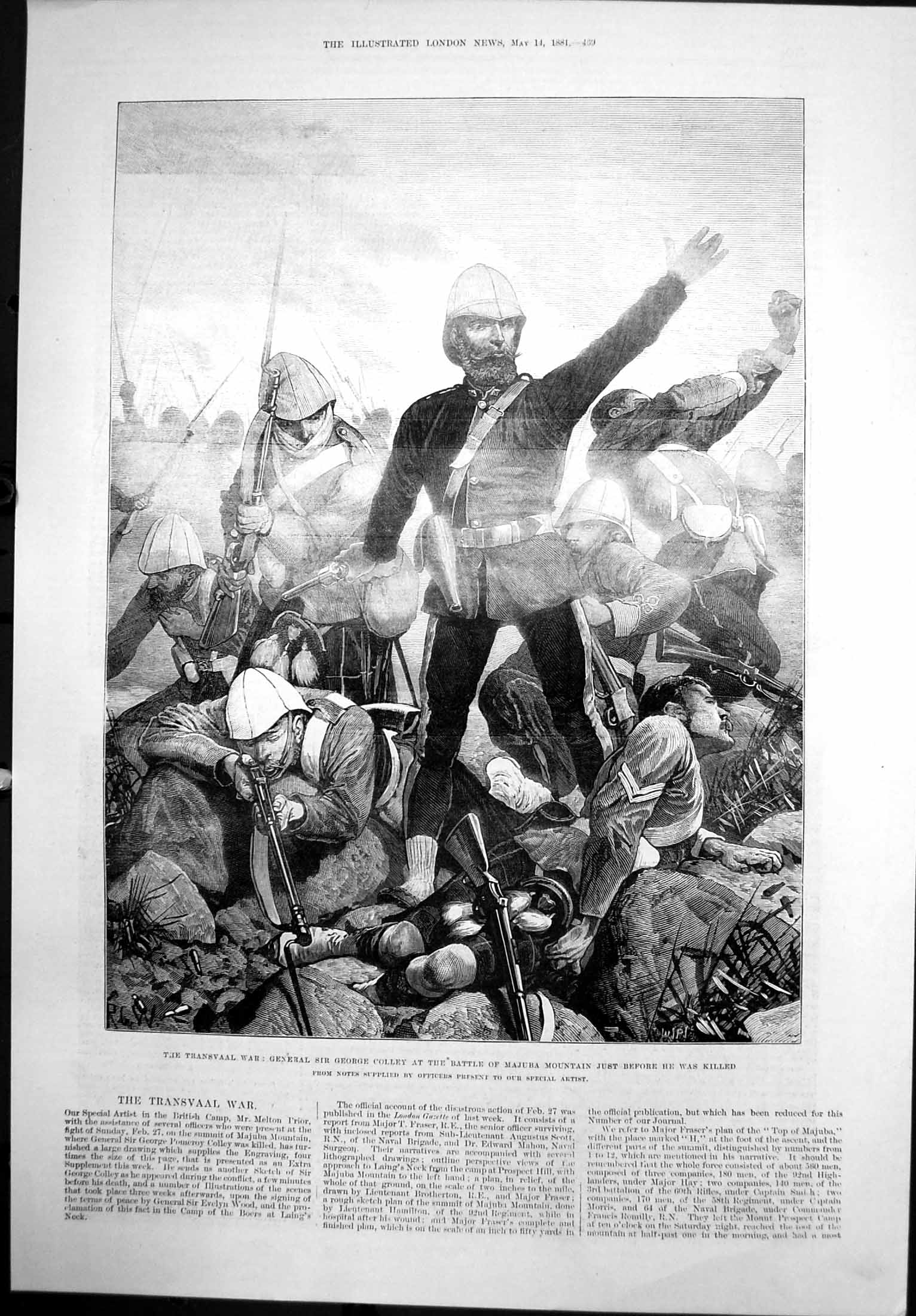 Antique Old Print Transvaal War Gen George Colley Battle Majuba Mountain 1881