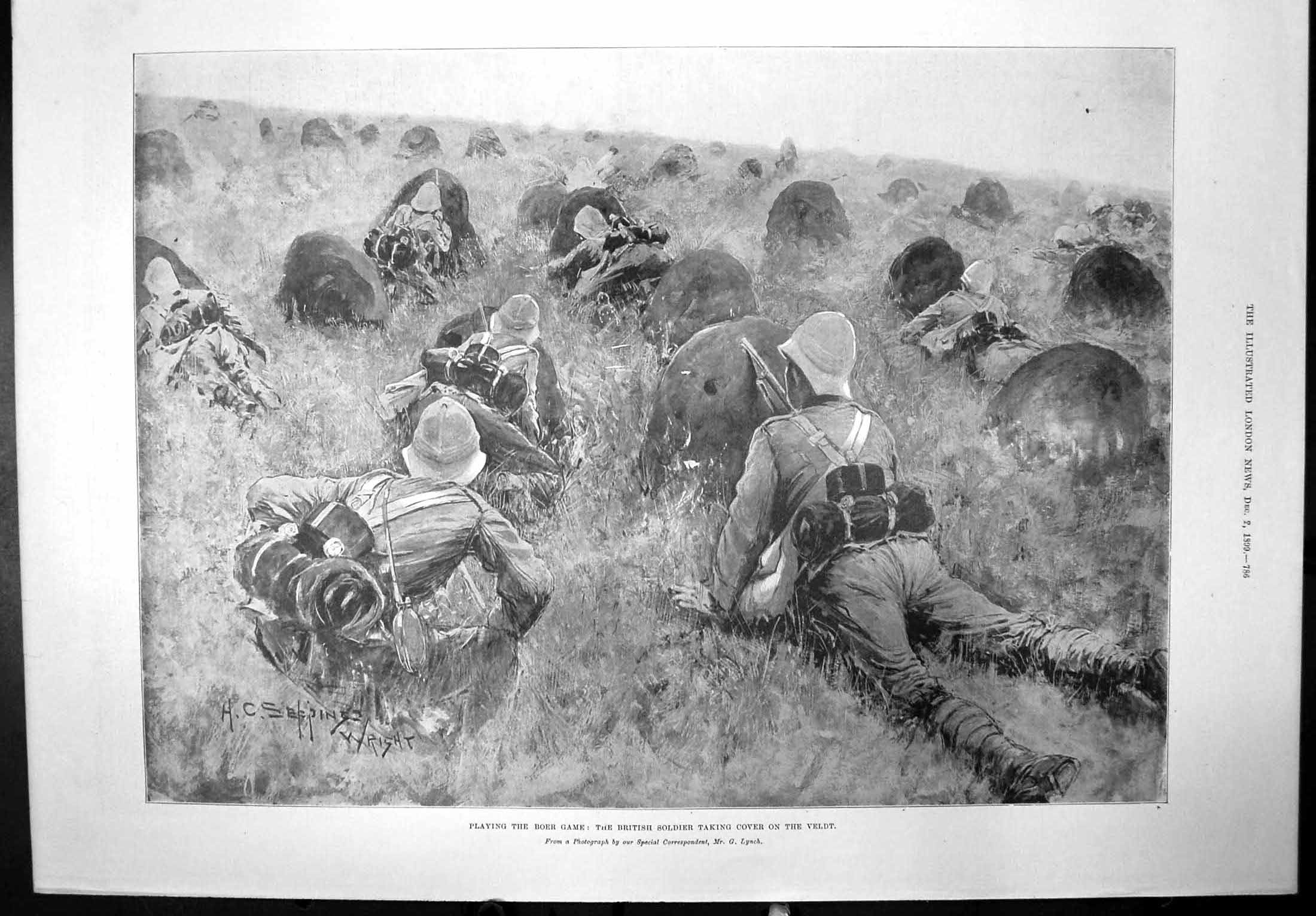 Original Old Antique Print Boer Game British Siers Taking Cover Veldt 1899 19th