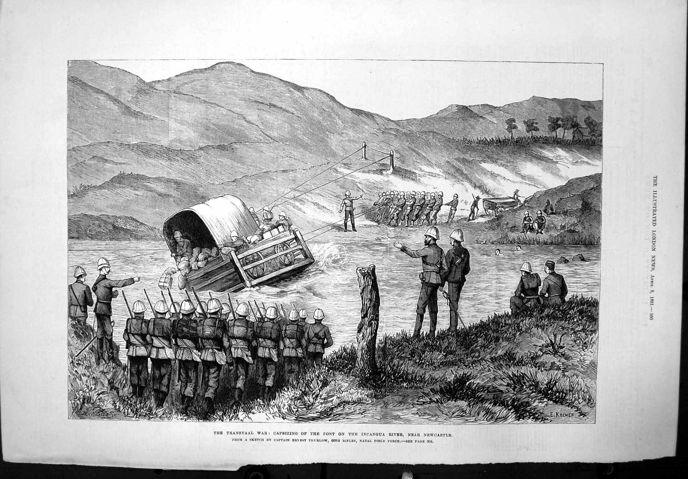 Antique Old Print Capsizing Pont Incangua River Newcastle Transvaal War 1881