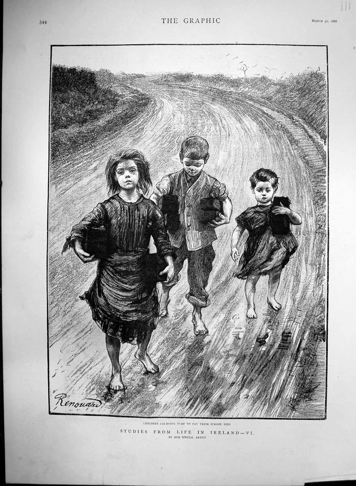 Old Studies Life Ireland Children Carrying Turf Pay School Fees 1888 Victorian