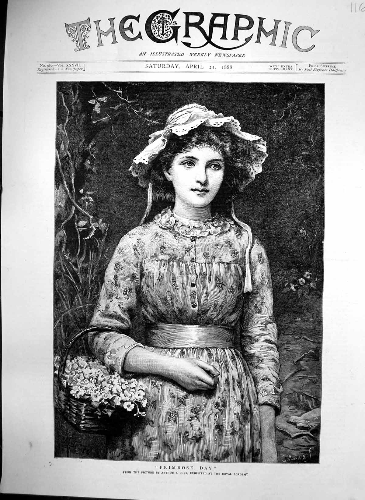 Antique Print Primrose Day Arthur Cope Girl Carrying Basket Primrosess 1888
