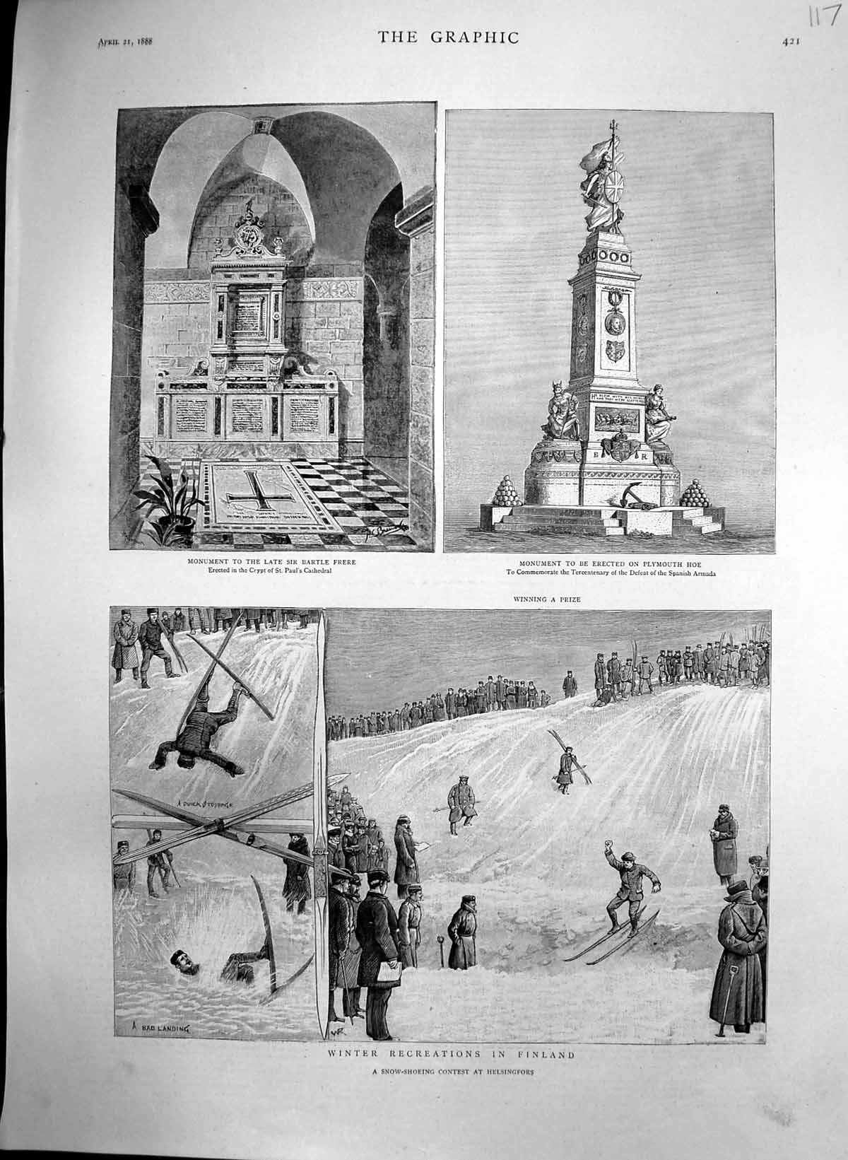 Antique Old Print Winter Recreations Finland Monument Sir Bartle Frere 1888