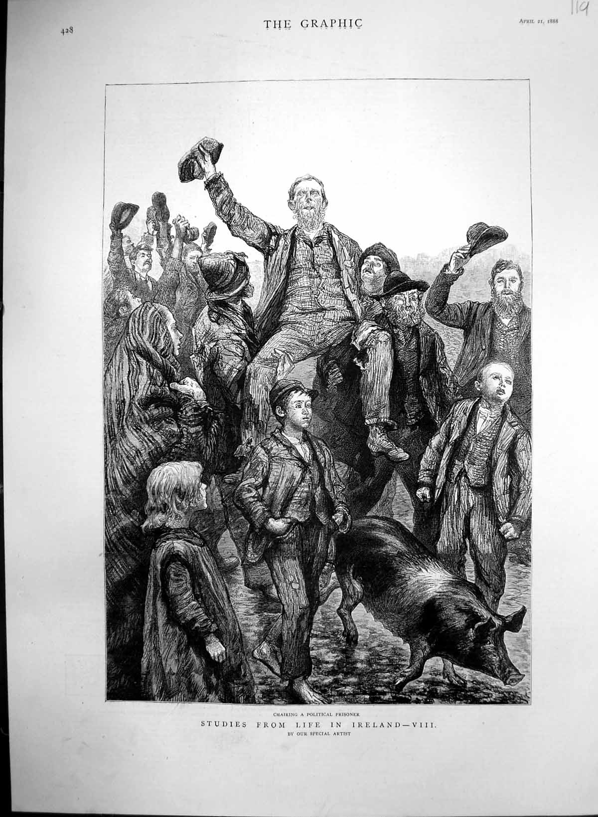 Old Antique Print Studies Life Ireland Chairing Political Prisoner 1888 19th