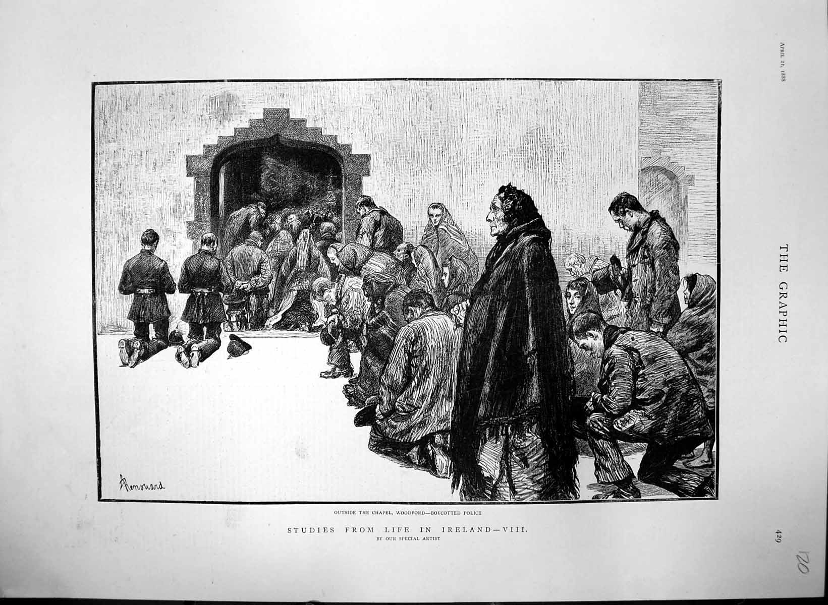 Antique Old Print Life Ireland Outside Chapel Woodford Boycotted Police 1888