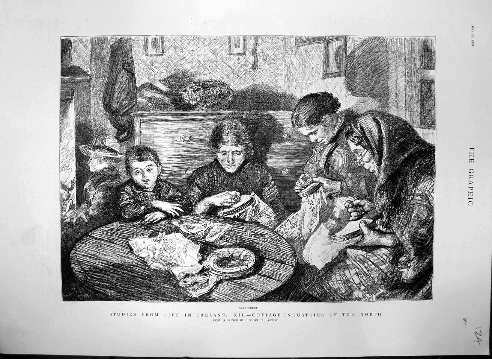 Old Antique Print Life Ireland Cottage Industries North Embroidery 1888 19th