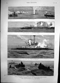 Antique Old Print Naval Operations Portsmouth Blowing Boom Torpedo Boat 1888