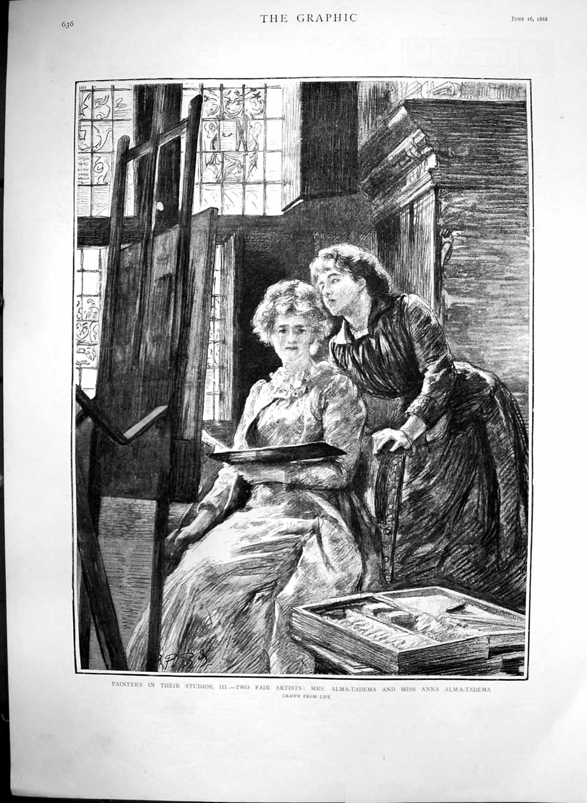 Antique Old Print Two Fair Artists Mrs Alma-Tadema Miss Anna Alma-Tadema 1888