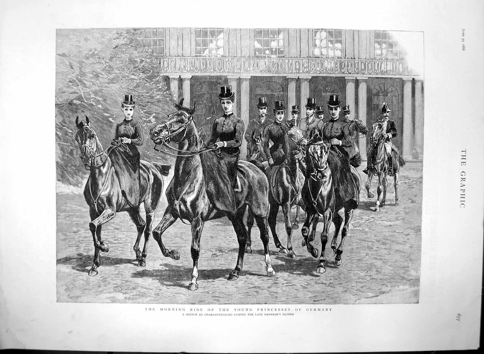 Antique Old Print Morning Ride Young Princesses Germany Chalottenburg 1888 19th