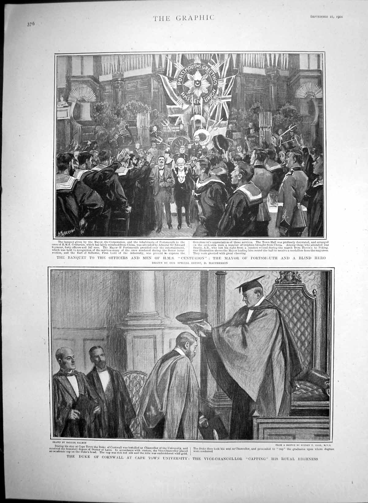 Old Antique Print Banquet Men Hms Centurion Duke Cornwall Cape Town 1901 20th
