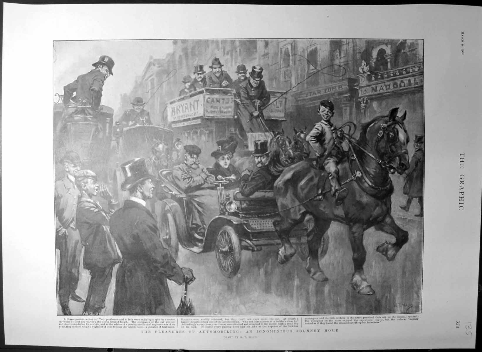 Original Old Antique Print Pleasures Automobiling Ignominious Journey Home 1901