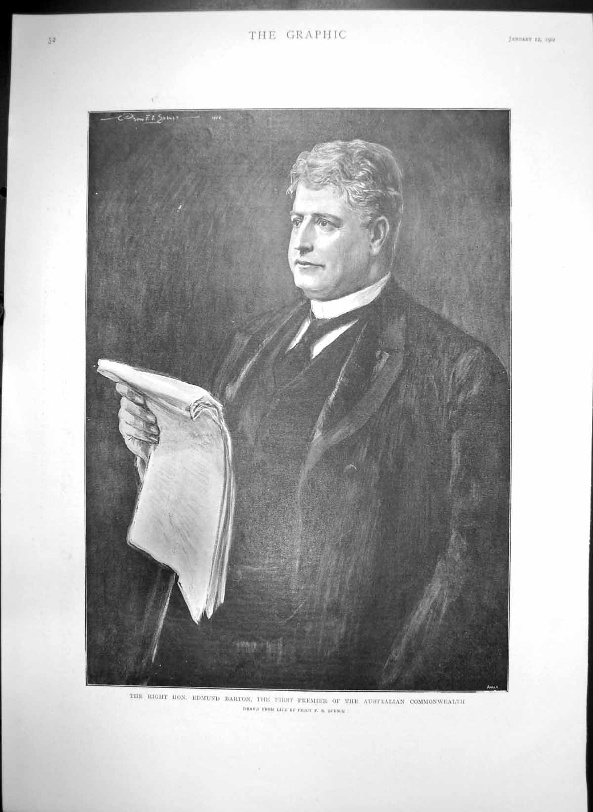 Antique Old Print Hon Edmund Barton 1St Premier Australian Commonwealth 1901