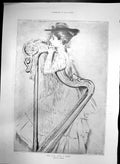 Old Antique Print Girl With Harp P Helleu Girl Hat Hing Large Harp 1901 20th