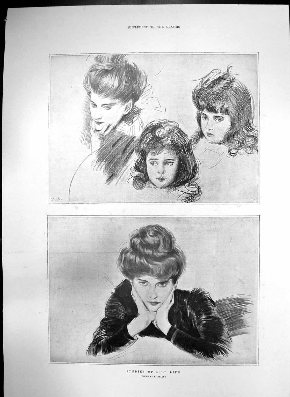 Antique Old Print Studies Girl Life Lady Bun Hair LadyGirls Long Hair 1901