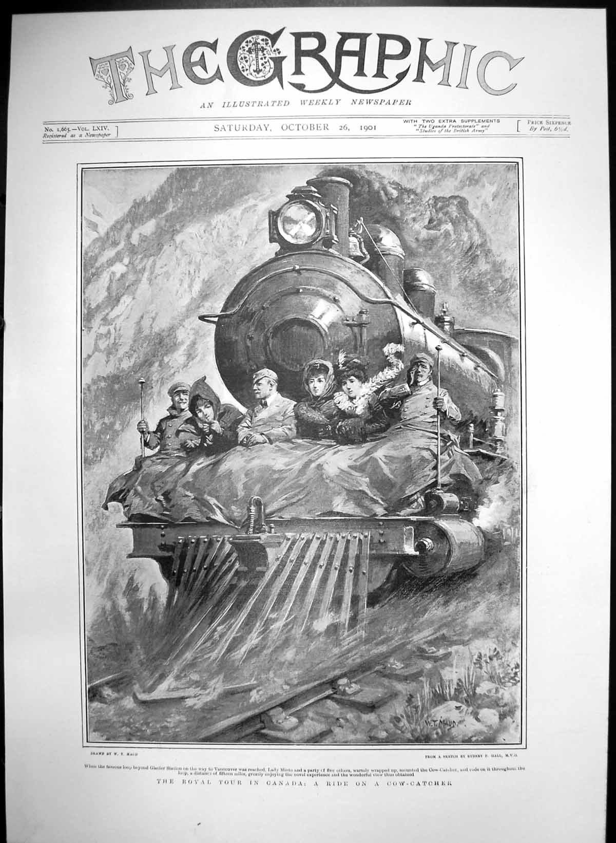Antique Old Print Royal Tour Canada Ride Cow Catcher Lady Minto Train 1901 20th