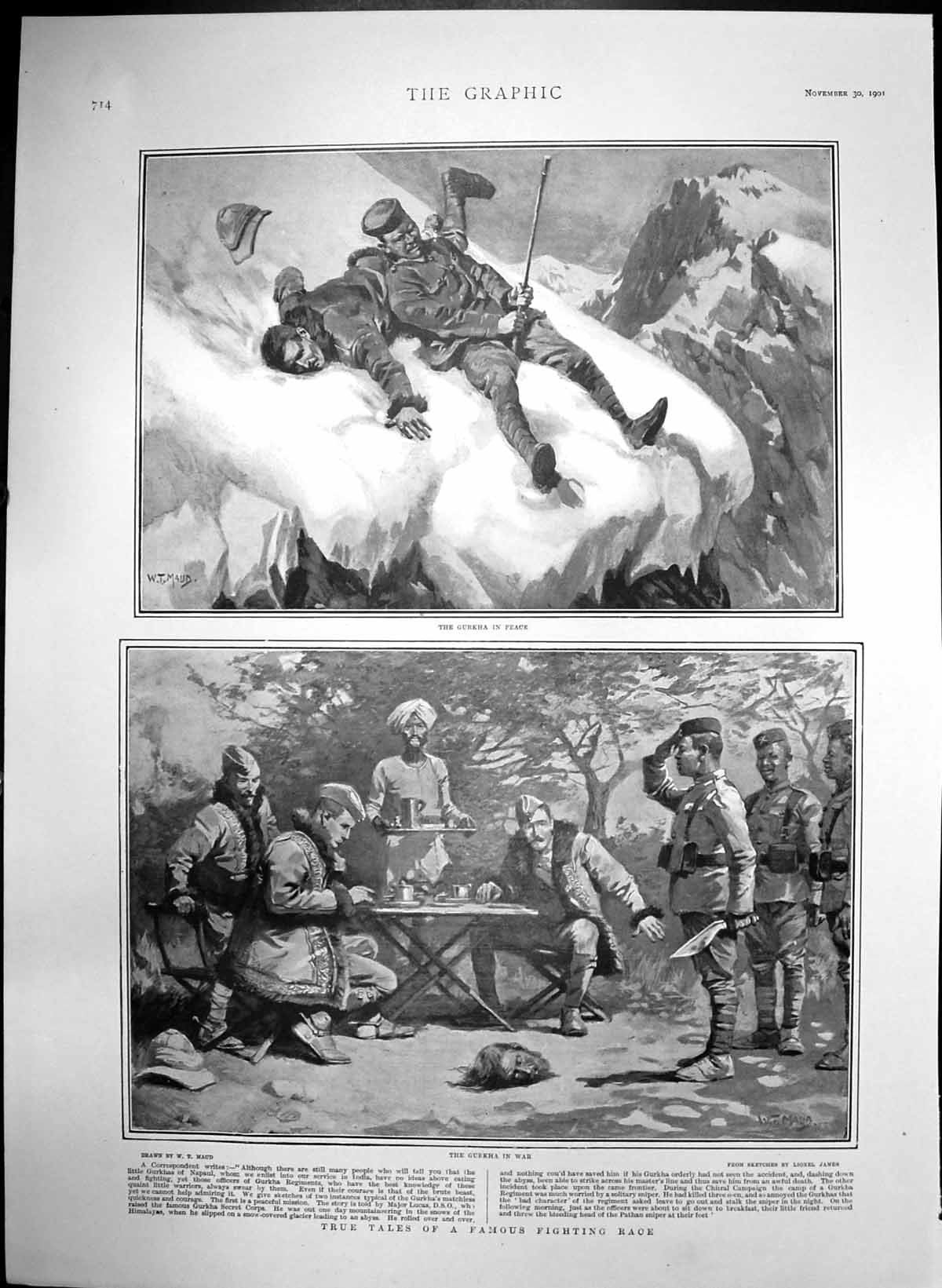 Original Old Antique Print Gurkhas Napaul In Peace In War Lionel James 1901