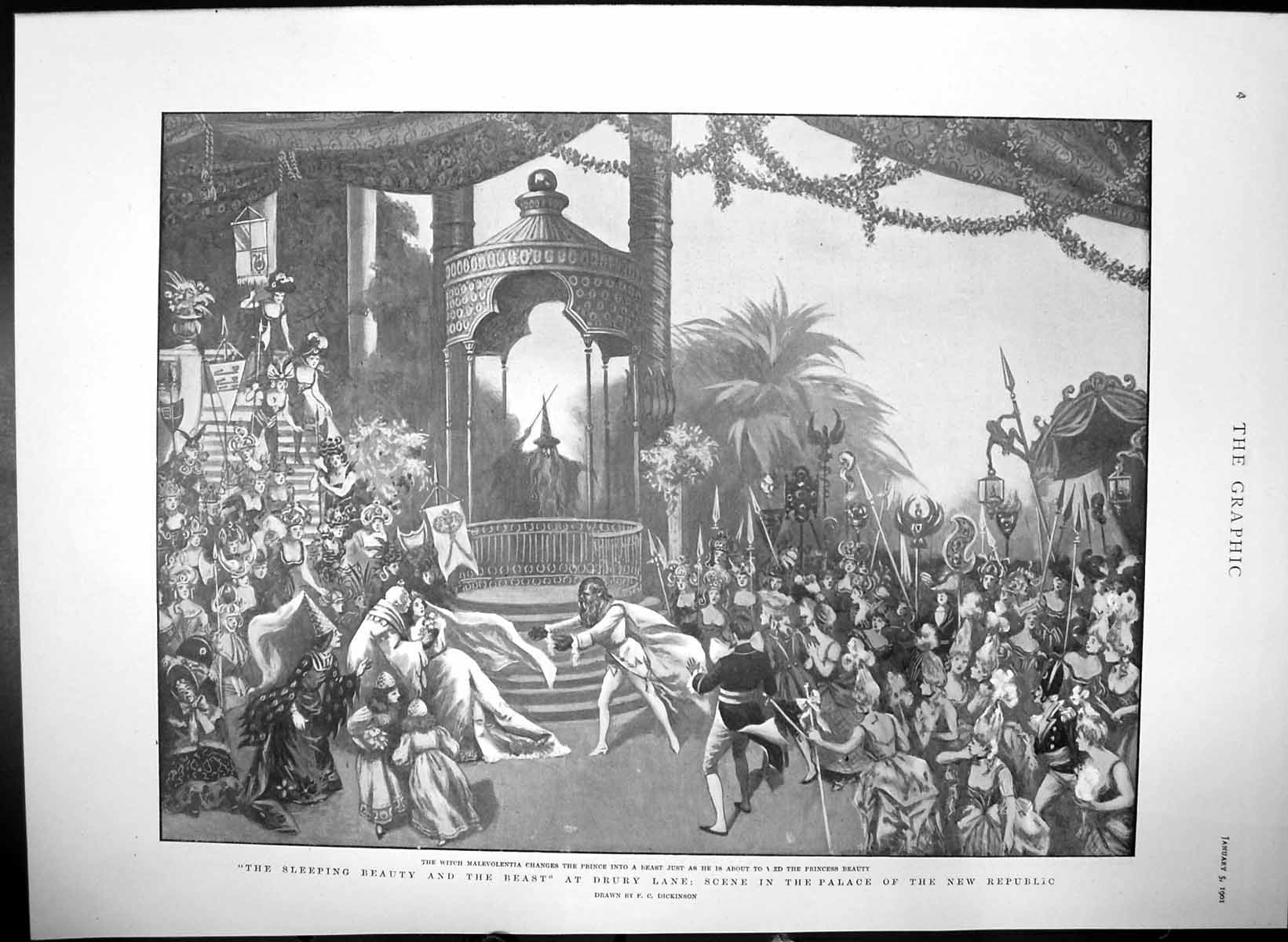 Antique Old Print Sleeping Beauty Beast Drury Lane Palace New Republic 1901
