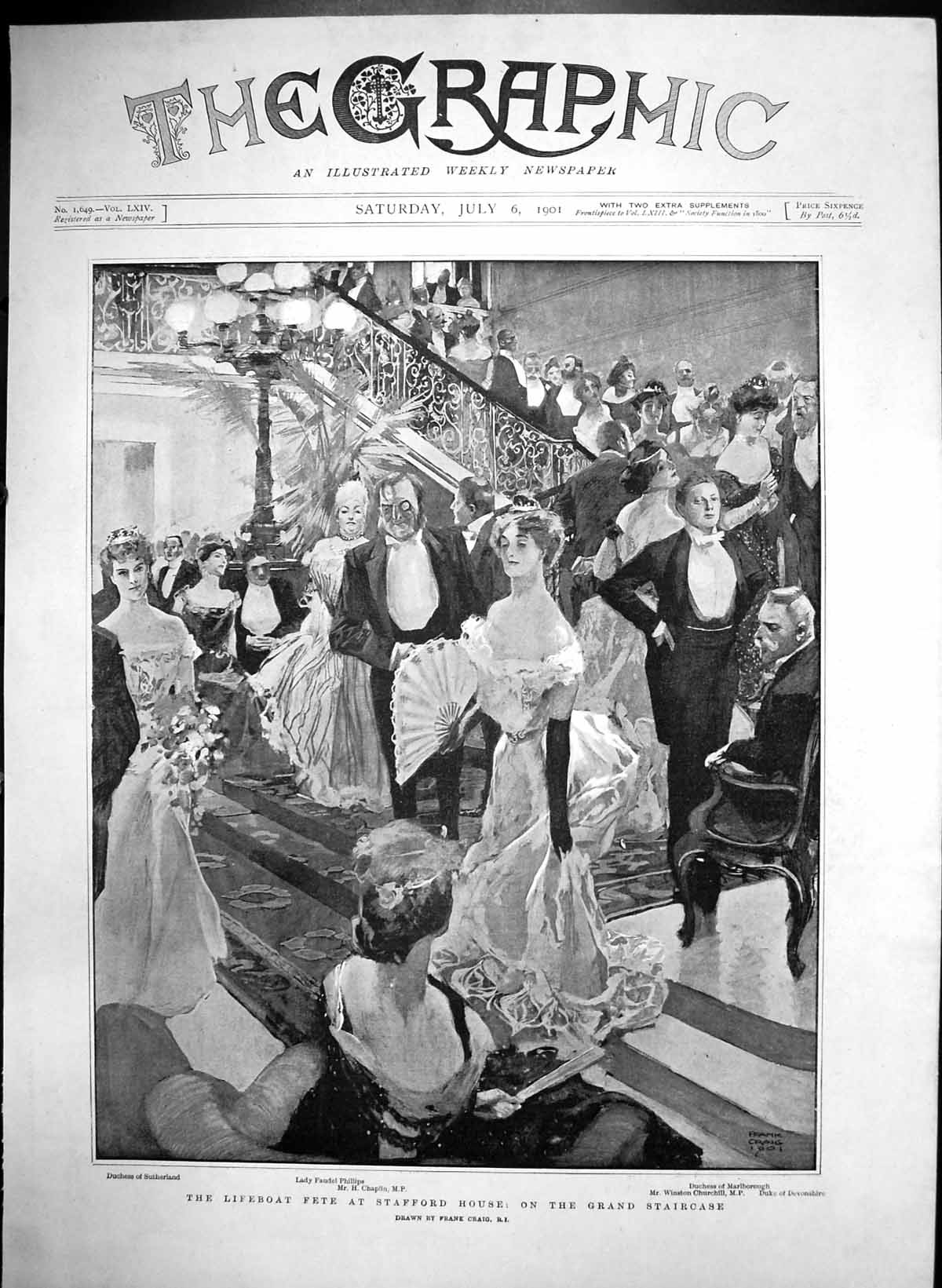 Original Old Antique Print Lifeboat Fete Stafford House Grand Staircase 1901