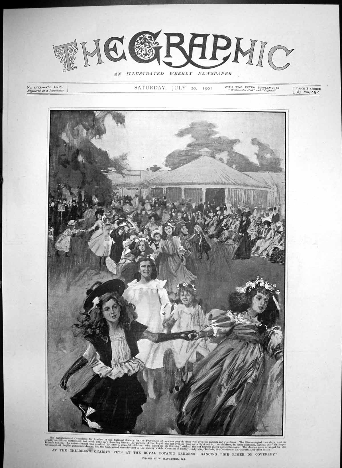Antique Old Print Childrens Charity Fete Royal Botanic Gardens Dancing 1901