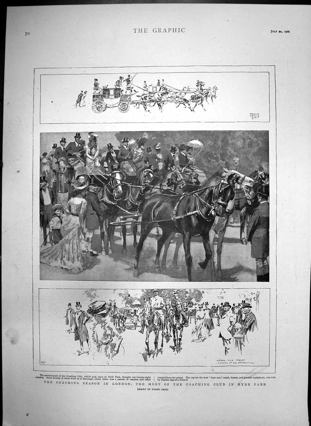 Antique Old Print Coaching Season London Meet Coaching Club Hyde Park 1901 20th