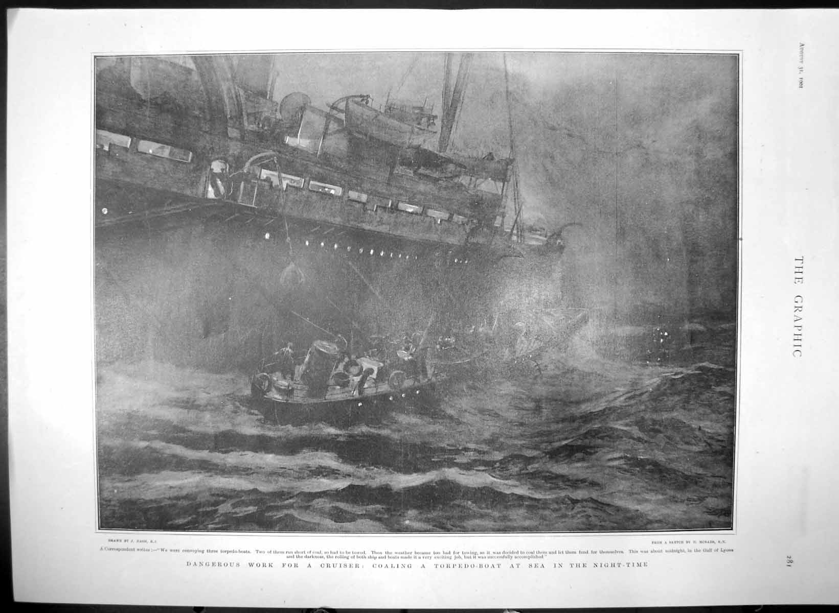 Original Old Antique Print Cruiser Coaling Torpedo Boat At Sea Night Time 1901