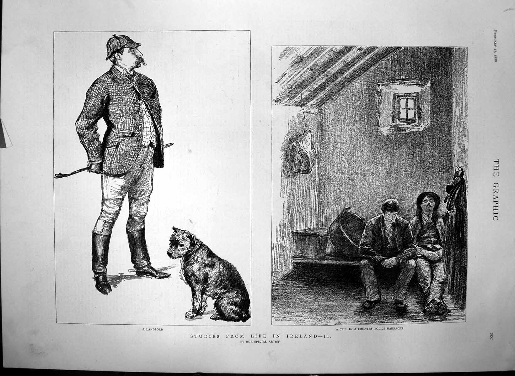 Antique Old Print Life Ireland Landlord Dog Cell Country Police Barracks 1888