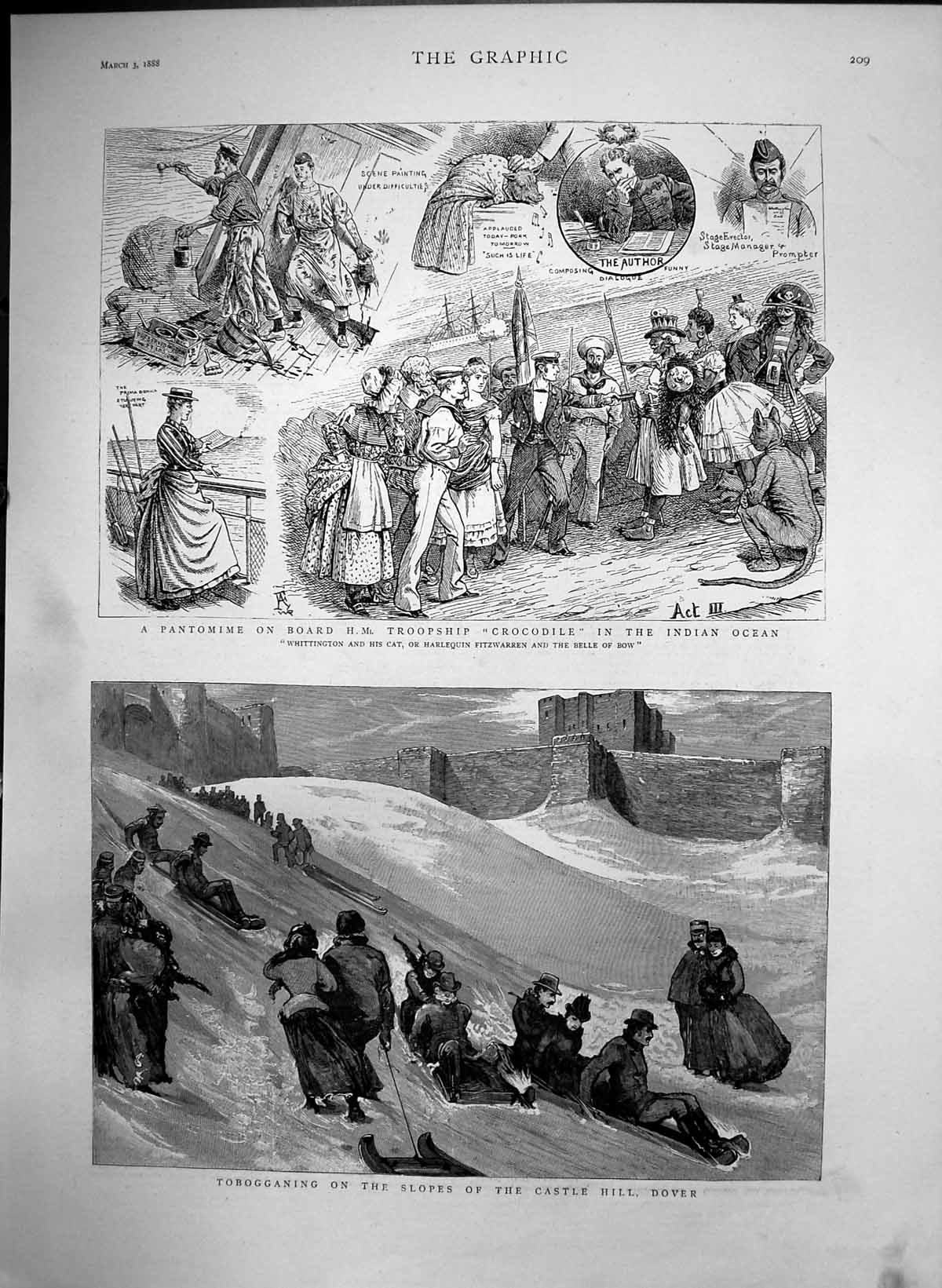 Antique Old Print Pantomine Hms Crocodile Indian Ocean Tobogganing Dover 1888