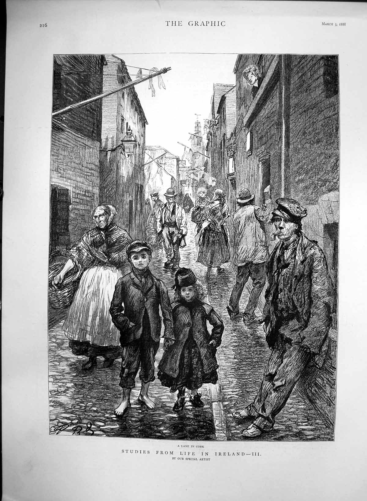 Old Antique Print Studies Life Ireland Lane Cork Children Barefeet 1888 19th