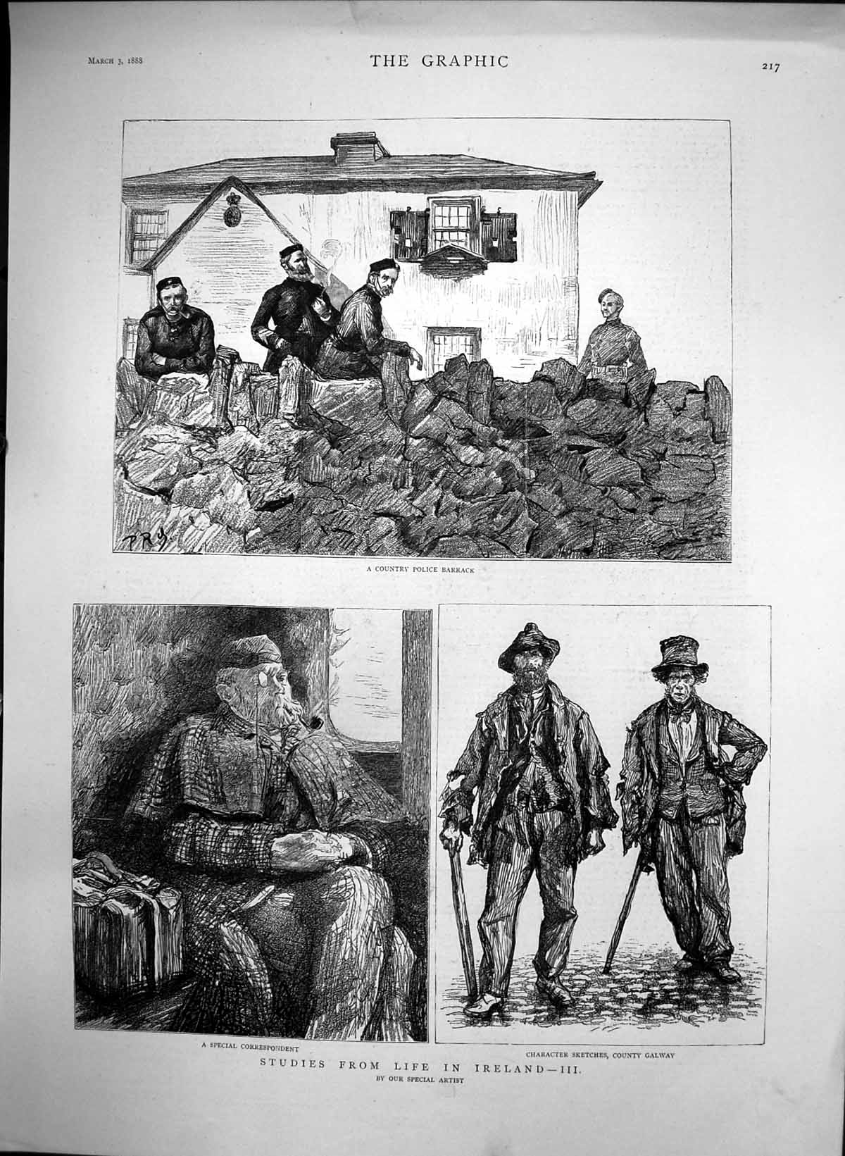 Old Antique Print Life Ireland County Galway Country Police Barracks1888 19th