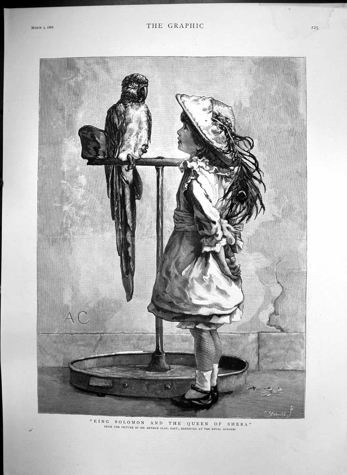 Antique Old Print King Solomon Queen Sheba Girl Parrot Perch Arthur Clay 1888