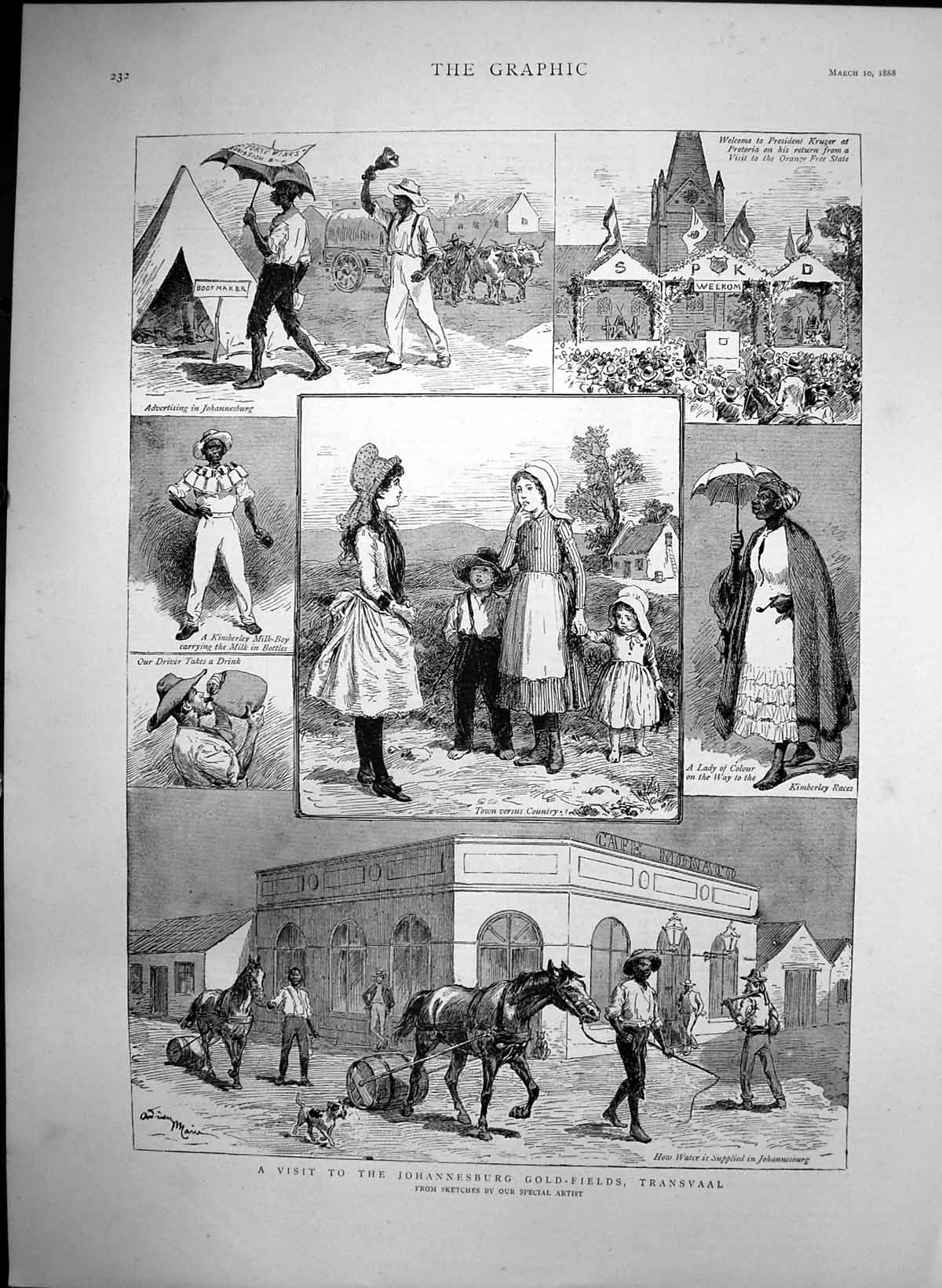 Antique Old Print Visit Johannesburg GFields Transvaal President Kruger 1888