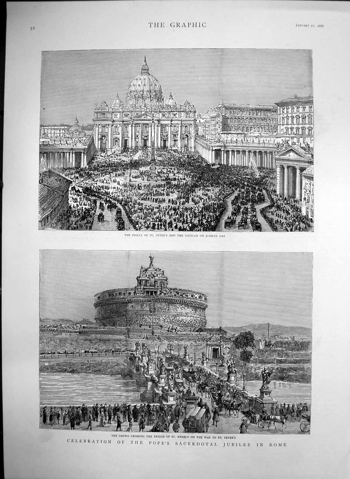 Antique Old Print Popes Sacerdotal Jubilee Rome Piazzo St Peters Bridge 1888