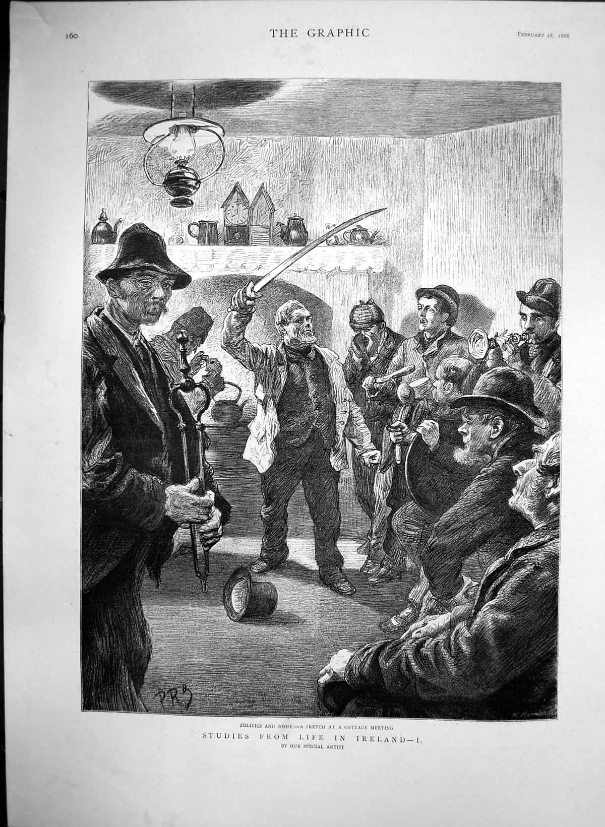 Antique Old Print Life Ireland Politics Noise Sketch At Cottage Meeting 1888