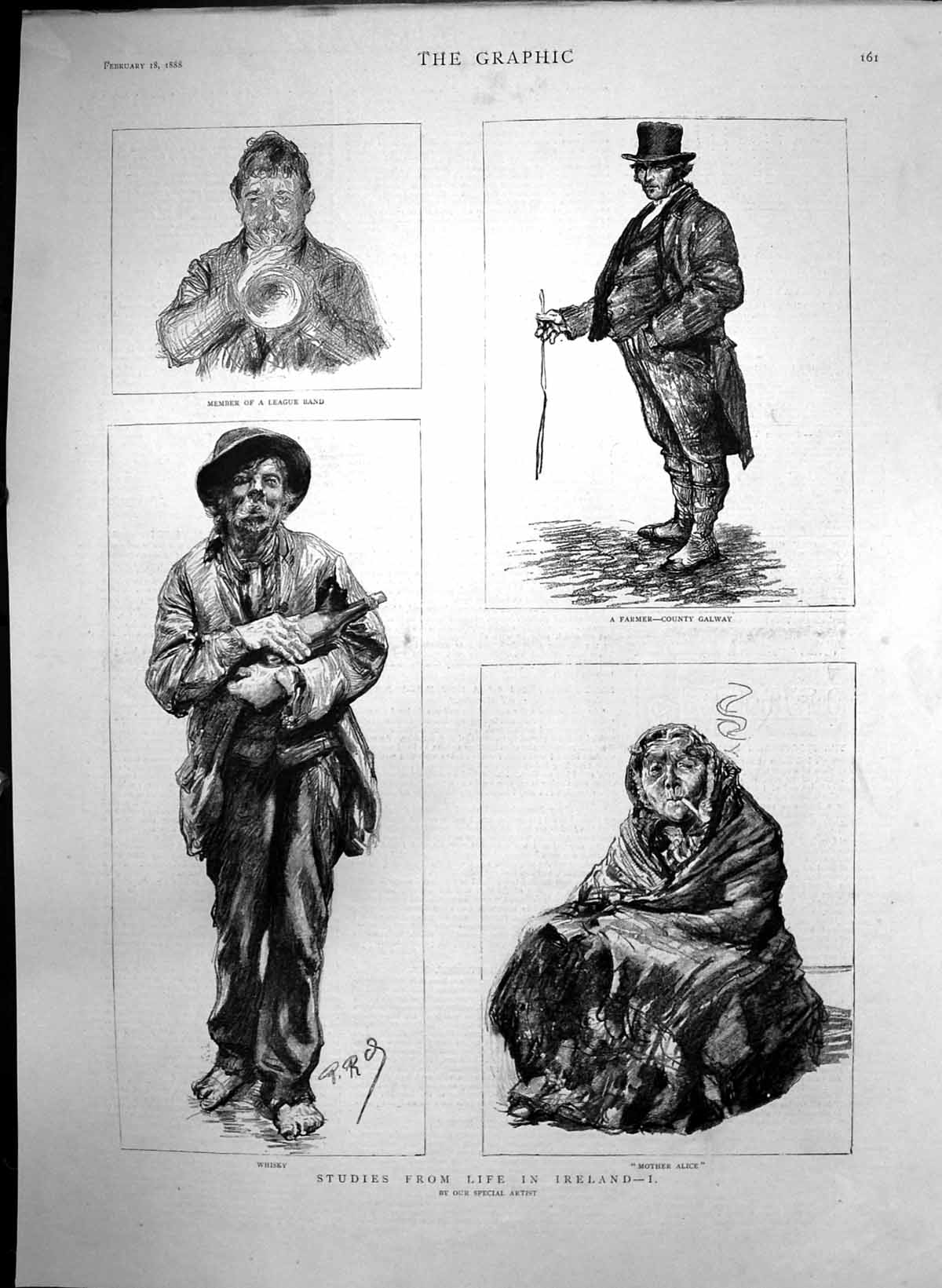 Antique Print Life Ireland Member League Band Whisky Farmer Co Galway 1888 19th