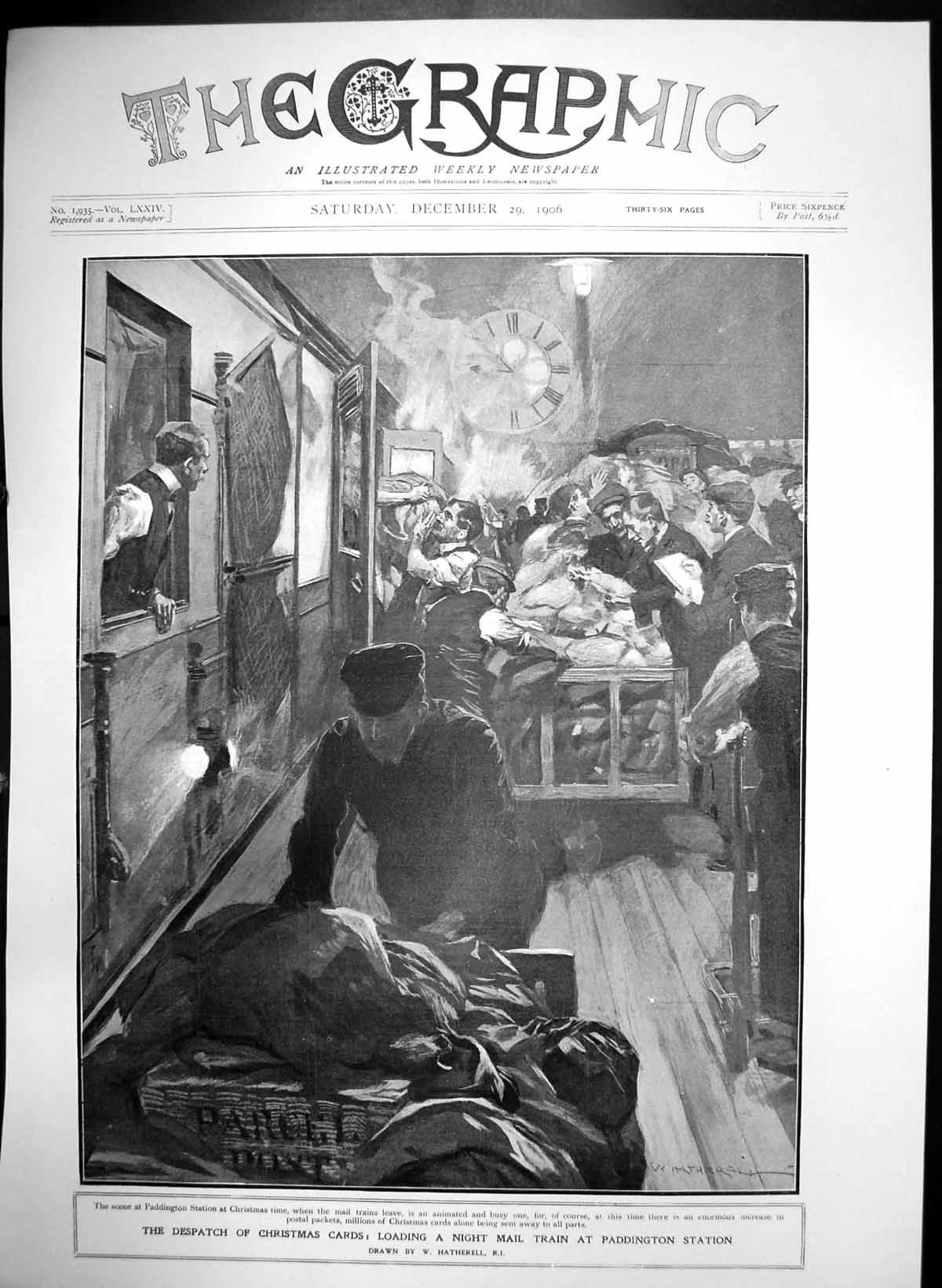 Antique Old Print Despatch Christmas Cards Loading Mail Train Paddington 1906