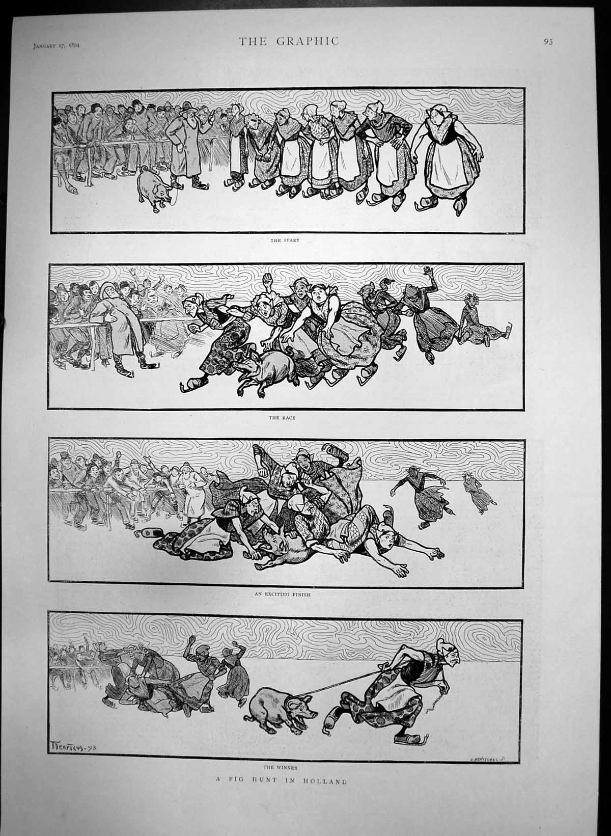 Old Antique Print Pig Hunt Holland Start Race Exciting Finish Winner 1894 19th