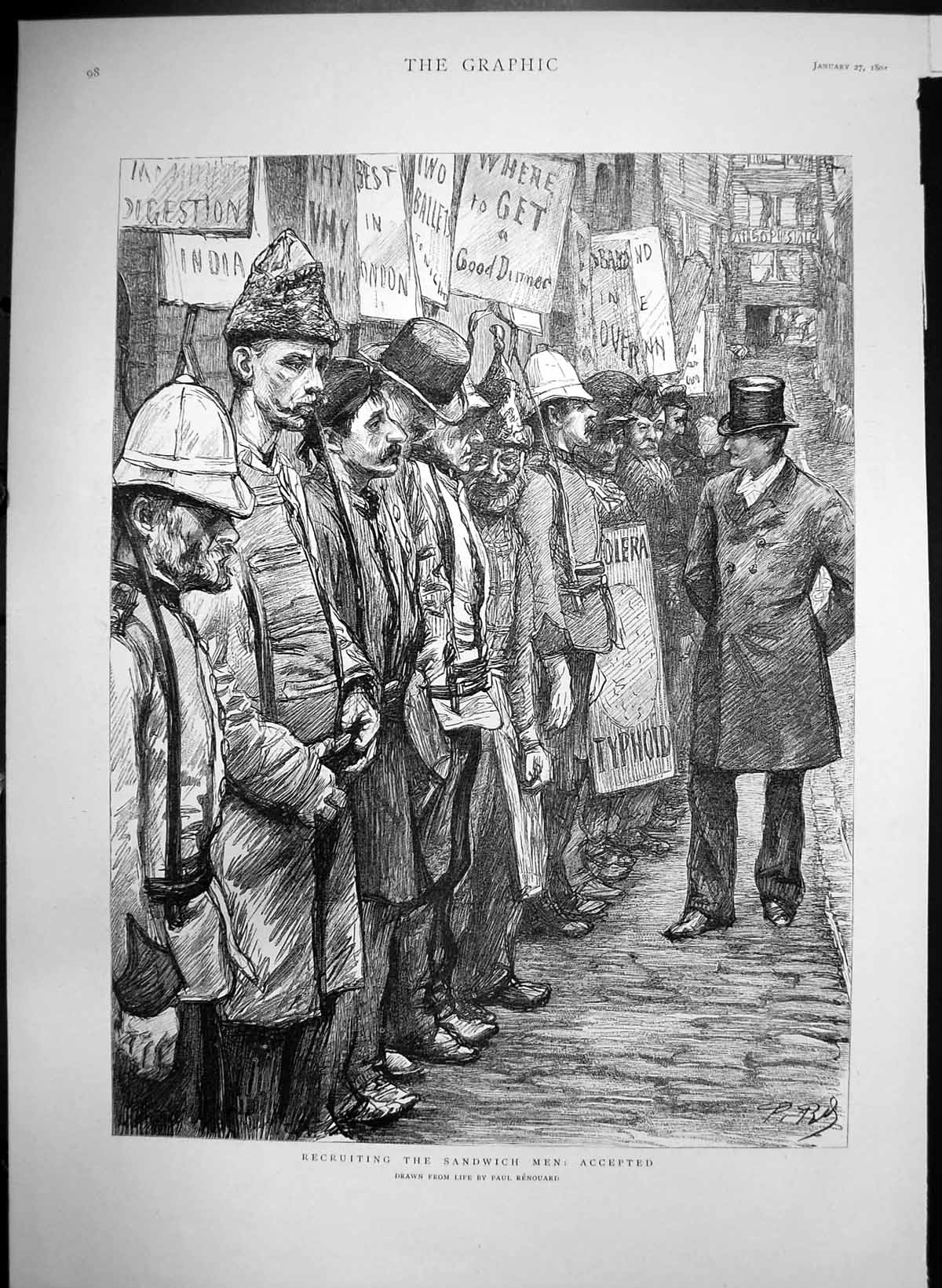 Antique Old Print Recruiting Sandwich Men Accepted Life Paul Renouard 1894 19th