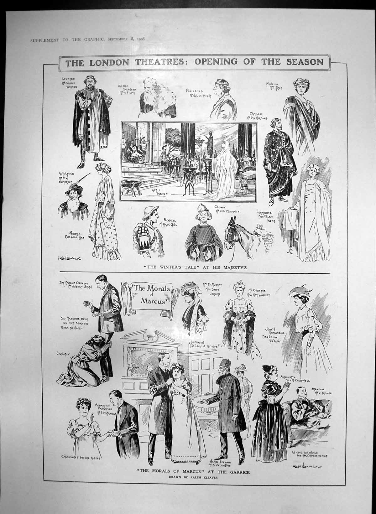 Antique Old Print London Theatres Winters Tale Majestys Morals Marcus 1906 20th