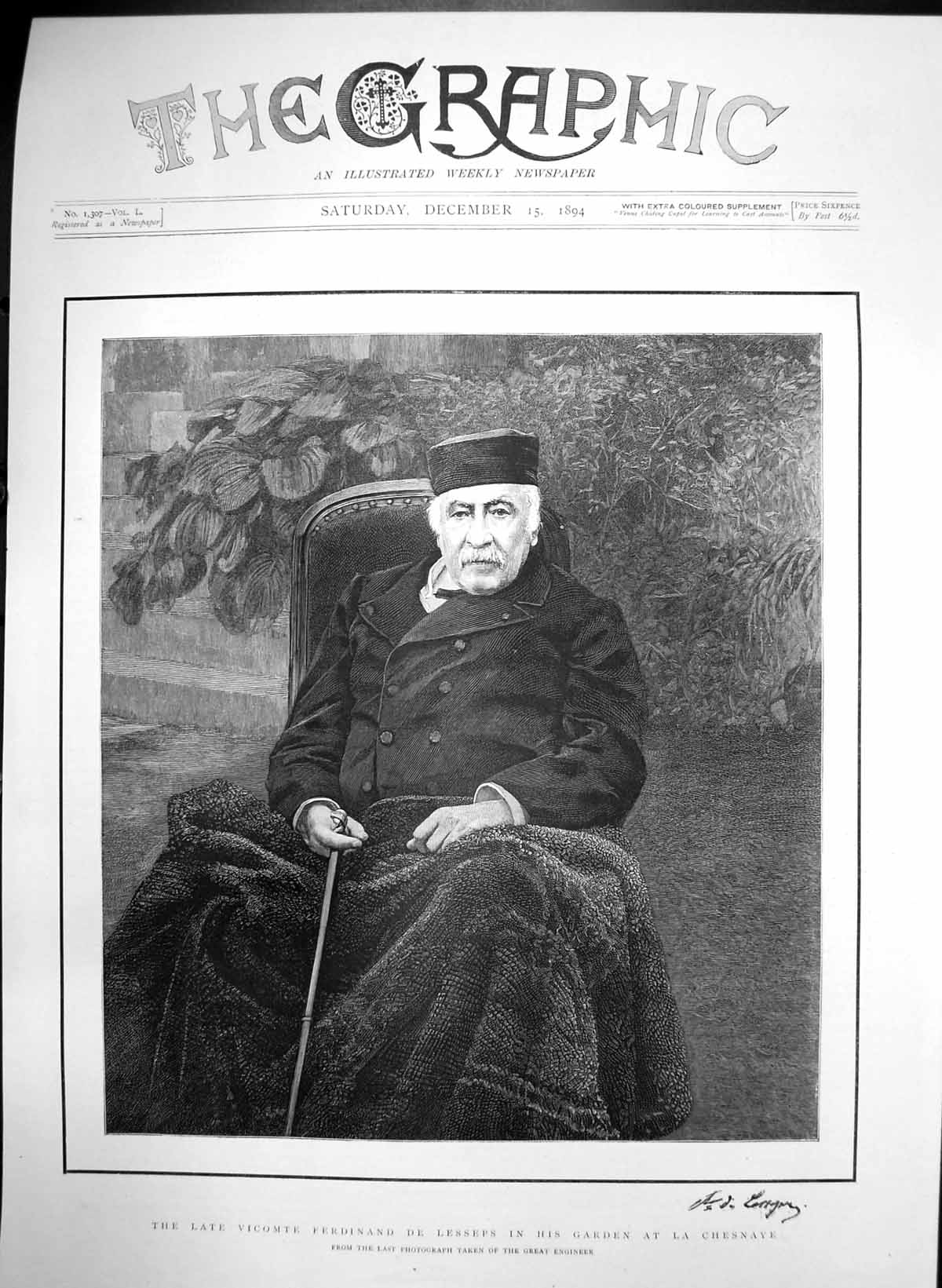 Antique Old Print Late Vicomte Ferdinand De Lesseps Garden La Chesnaye 1894